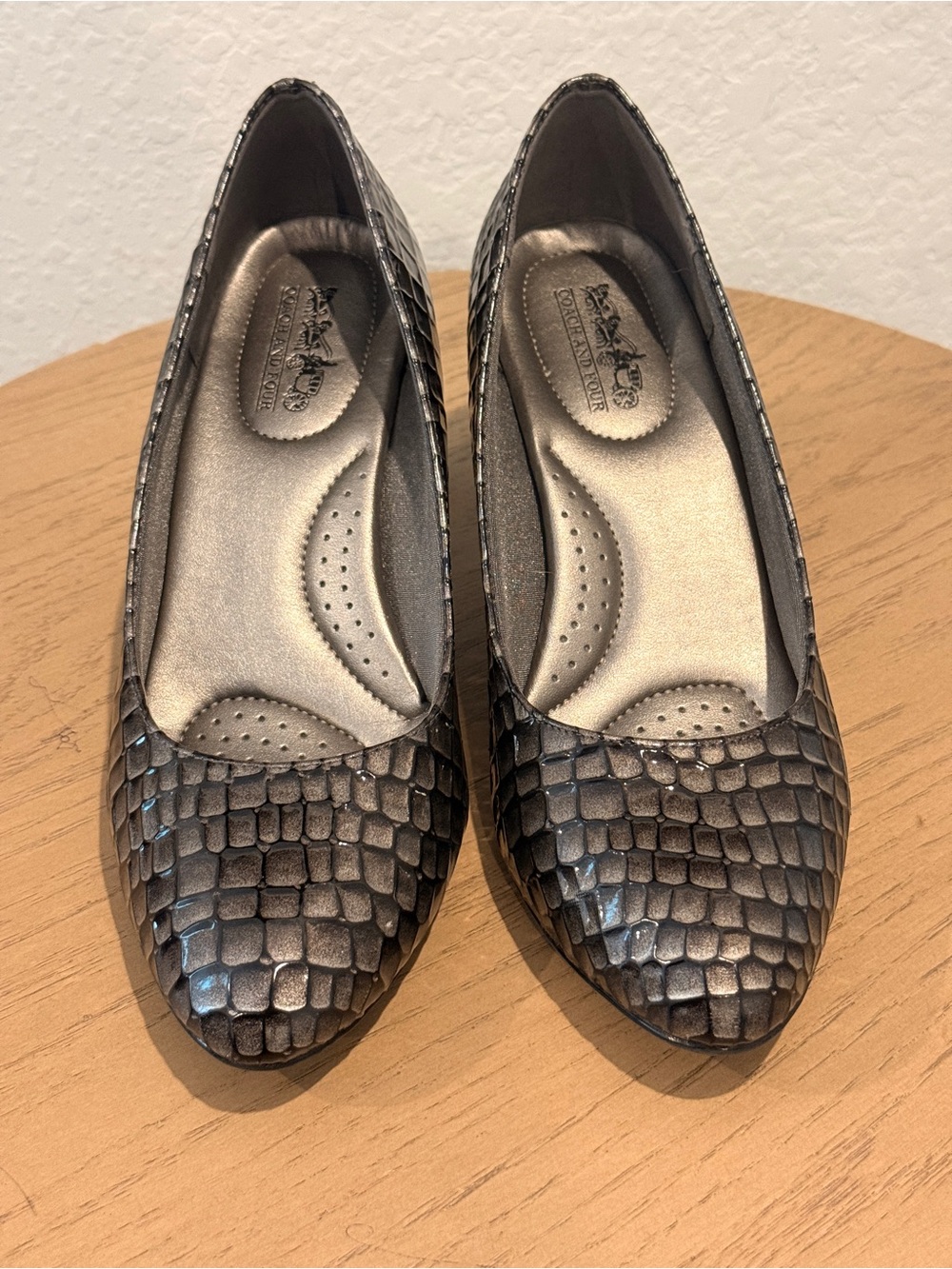 Coach and Four Metallic‎ Gray Snake-Embossed Flats